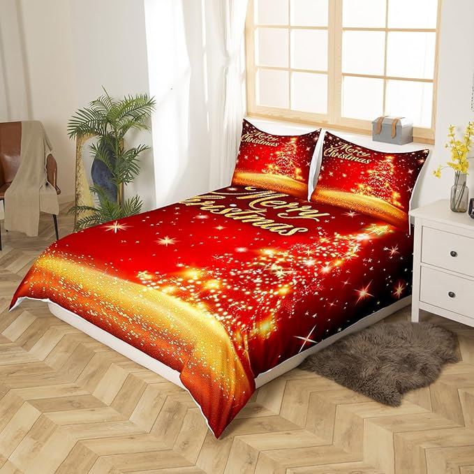 Manfei Christmas Tree Duvet Cover Set King Size Gold Sparkle Comforter Cover Merry Christmas Bedding Set 3pcs for Kids Boys Girls Western New Year Theme Bedspread Cover with 2 Pillowcases,No Comforter