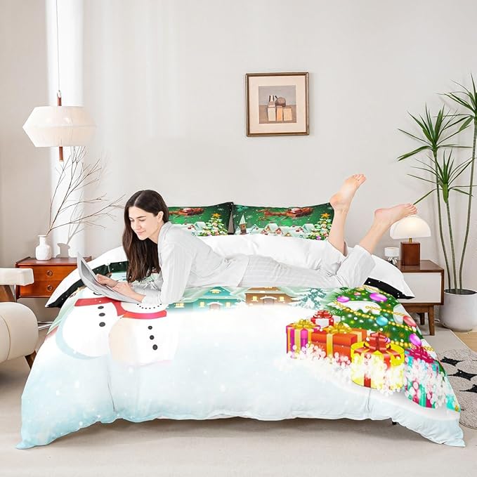 Manfei Christmas Duvet Cover Set Queen Size, Snowman Xmas Tree Comforter Cover with 2 Pillowcases, Santa Claus with Deer Bedding Set for Kids Boys Girls New Year Theme Bedspread Cover, No Comforter