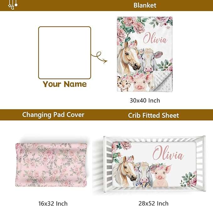 Custom Name Crib Bedding Set, 3 Pcs Personalized Baby Crib Bedding Set, Soft Flower Animals Nursery Crib Sets for Boys Girls, Double Layer Toddler Bedding Set Customized Gifts for Newborn Kids