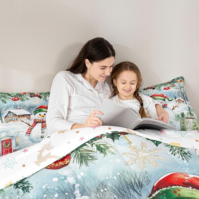 Castle Fairy Merry Christmas Comforter Set Queen Size,Watercolor Cute Snowman Pine Trees Bedding Set for Women Adult,Xmas Cartoon Decor Natural Luxury Bed Duvet Insert, 2 Pillowcases