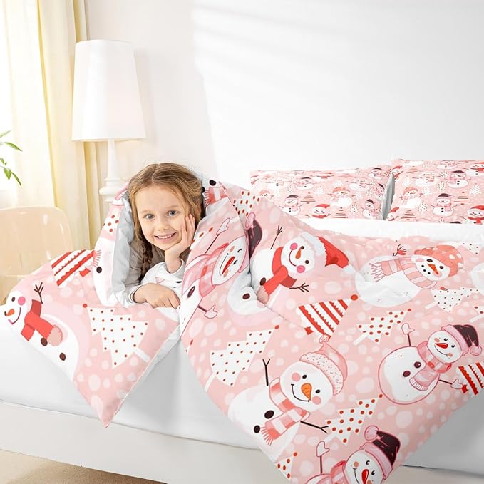 Manfei Christmas Comforter Set Full Size, Snowman and Xmas Trees Down Comforter with 2 Pillowcases, New Year Pink Bedding Set 3pcs for Kids Girls Adults Bedroom Decor Lightweight Duvet Insert