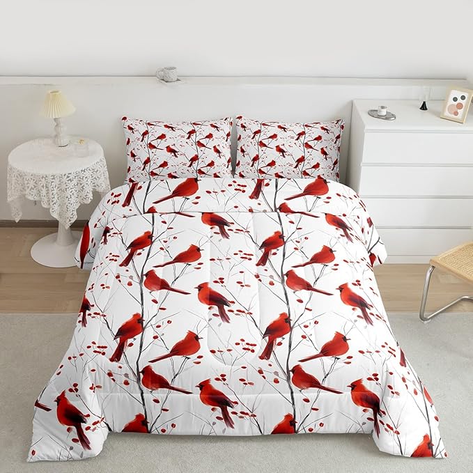 Feelyou Berries and Cardinals Pattern Comforter Set All Season Red Cardinal Bedding Set with 1 Pillow Cases Christmas Kids Toddler Bedclothes Bird Print Decor Animal Decor Duvet Quilt Soft