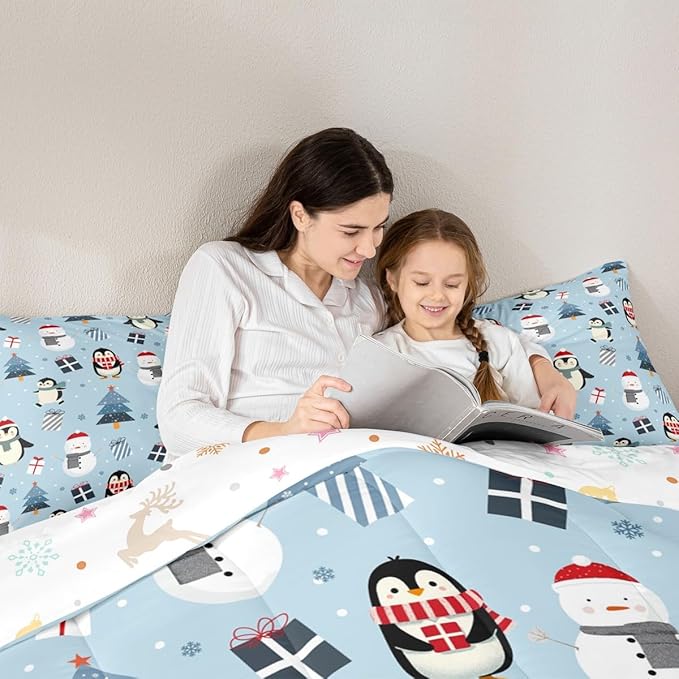 Feelyou Merry Christmas Bedding Set Soft for Boys Girls, Penguin Comforter Set Toddler Size Xmas Tree Snowman Duvet Quilt Microfiber Gift Snowflake Bedroom Decor 2 Pcs with 1 Pillow Cases