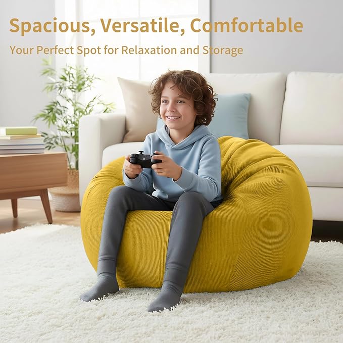 Nobildonna 3 ft Bean Bag Chair Cover (No Filler) 35"×43" Large Stuffed Animal Storage Bean Bag Washable Big Beanbag Chair Cover Premium Corduroy Stuffable Bean Bag Cover for Adults,Kids,Yellow 300L