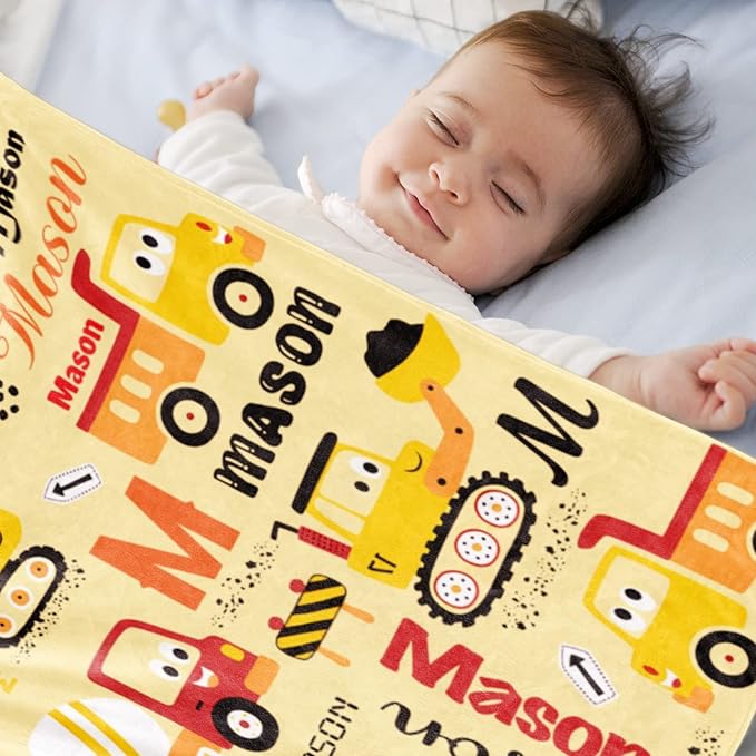 Personalized Construction Blanket with Name for Baby Boys Girls, Custom Truck Blanket Construction Vehicles, Soft Flannel Toddler Blankets Customized Gift for Newborn Baby Shower Birthday-60x80inch