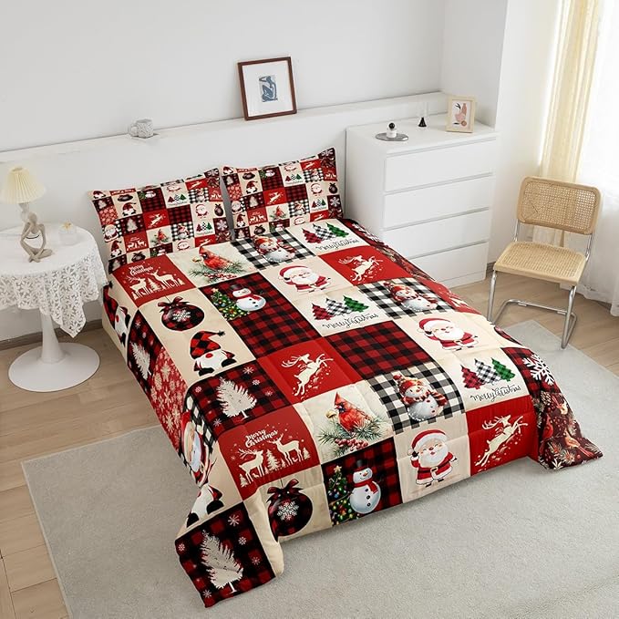 Christmas Comforter Set Queen Size,Red Plaid Holiday Design Bedding Set 3pcs,Snowman Santa Claus New Year Patchwork Down Comforter for All Season, Kids Boys Girls Room Decor,2 Pillowcases,No Sheets