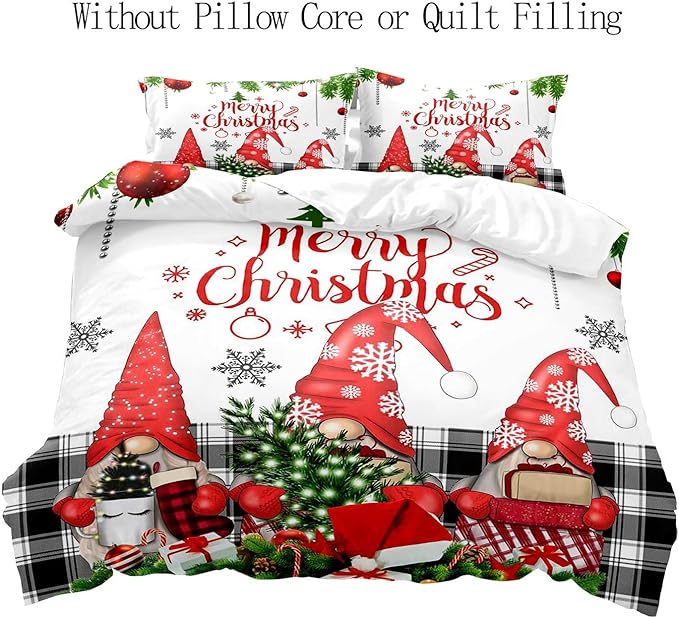 LUVIVIHOME 3PCS Christmas Gnome Duvet Cover Full, Christmas Bedding, White Duvet Cover, Holiday New Year Xmas Santa Swedish Tomte Snowflake Red Black Buffalo Plaid Comforter Quilt Cover 2 Pillow Shams