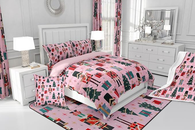 Feelyou Nutcracker Comforter Set All Season Merry Christmas Tree Bedding Set with 1 Pillow Cases Snowflake Kids Toddler Bedclothes Soldier Print Decor Duvet Quilt Soft Lightweight