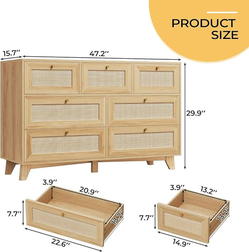 AOGLLATI Rattan Dresser for Bedroom with 7 Drawer, Modern Wooden Wide Bedroom Dresser, Chest of Drawers with Metal Handle & Solid Wood Legs for Bedroom/Living Room, Wood
