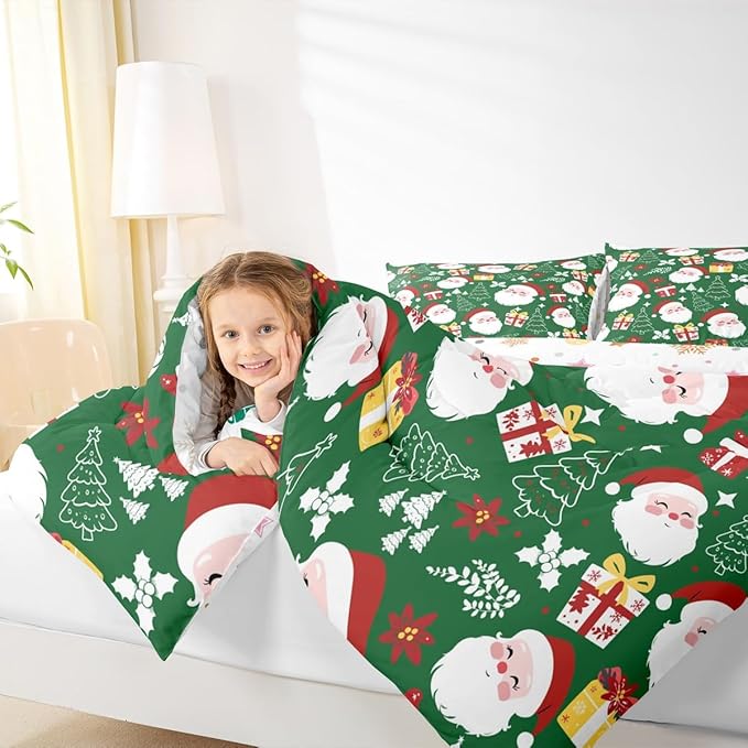 jejeloiu Santa Claus Comforter Set Toddler Size Merry Christmas Bedding Set for Kids Boys Girls Xmas Themed Duvet Quilt Green Bedroom Decor