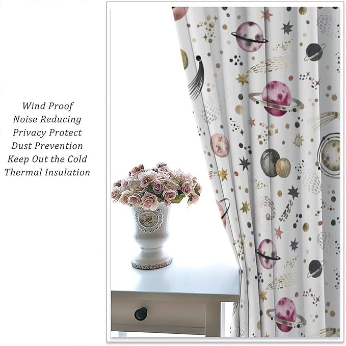 Kids Outer Space Curtains, Cartoon Galaxy Planet Universe Starry Starts Printed Window Drapes for Boys Girls Teens Bedroom Nursery Decor 42" W X 45" L