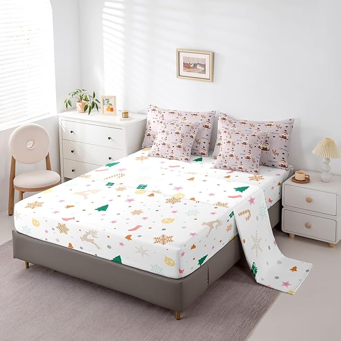 Santa Claus Bed Set Christmas Deer Bed in a Bag for Kids Boys Girls Winter Snowflake Comforter Set with Sheets Merry Christmas Khaki Bedding Set Bedroom Collection Queen Size