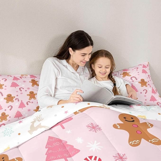 Feelyou Cute Gingerbread Man Comforter Set All Season Pink Christmas Tree Bedding Set with 2 Pillow Cases Candy Cane Kids Queen Snowflake Room Decor Christmas Duvet Quilt Breathable Soft Lightweight