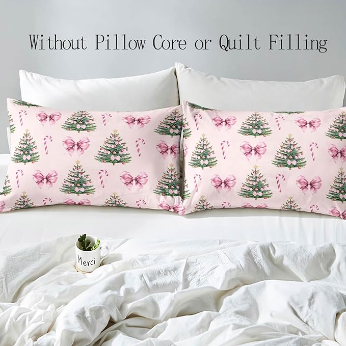 LUVIVIHOME 3PCS Pink Bow Christmas Tree Duvet Cover Queen Bedding Sets, Teen Girls Bedding, Xmas Tree Candy Cane Winter Holiday Christmas Comforter Cover, Coquette Room Decor Aesthetic, 2 Pillow Shams