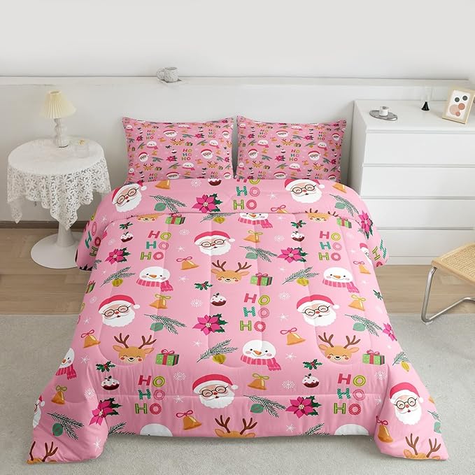Feelyou Santa Claus Comforter Set Queen Size Xmas Bedding Set for Kids Boys Girls Christmas Decor Duvet Quilt Happy New Year Bedroom Decor Microfiber 3 Pcs with 2 Pillow Cases