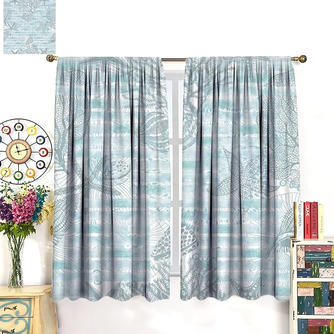 Starfish Curtains，Starfish and Seashells Coastal Curtain Ocean Themed Underwater Marine Decor Waterproof Fabric Curtain Set 2 Panels,52x84 Inches