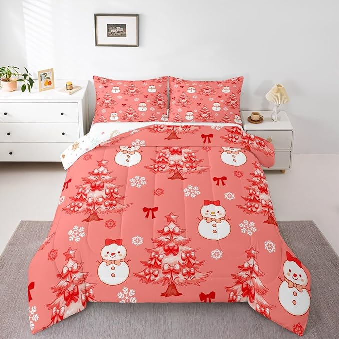 Feelyou Merry Christmas Kids Comforter Set Queen Size Cute Snowman Bedding Set Cartoon Bowknot Duvet Quilt for Kids Boys Girls Bedroom Christmas Tree Decor Microfiber Ultra Soft Breathable