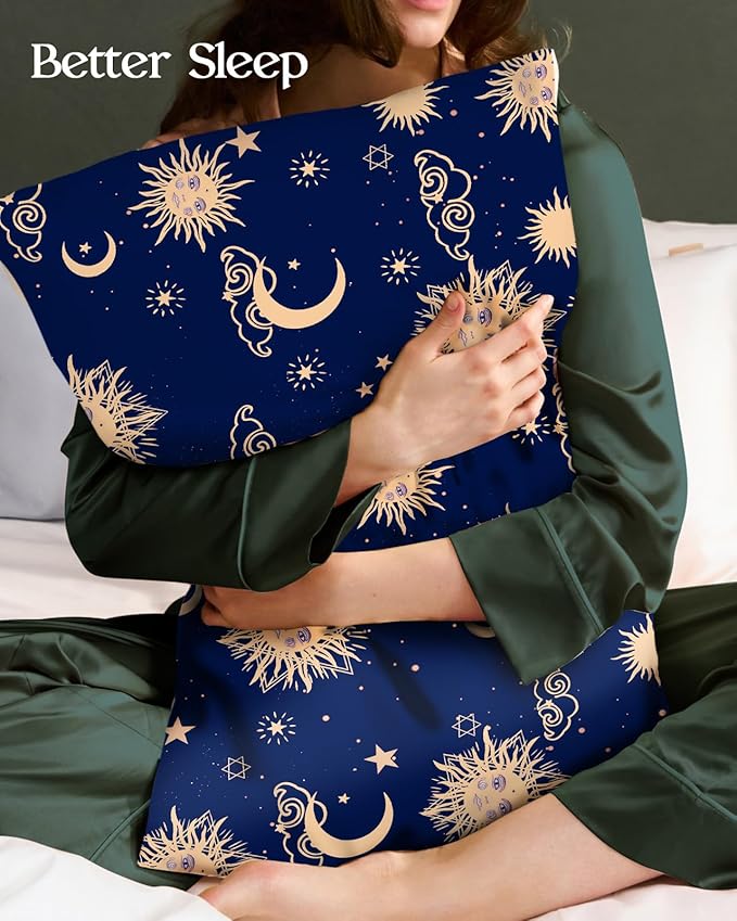 Silk Pillowcase 2 Pack - Cute Pillow Cases 20" x 26" Standard Size Set of 2 for Hair and Skin Smooth Soft Breathable with Hidden Zipper Cooling Pillow Covers for Sleeping, Sun Moon Sign