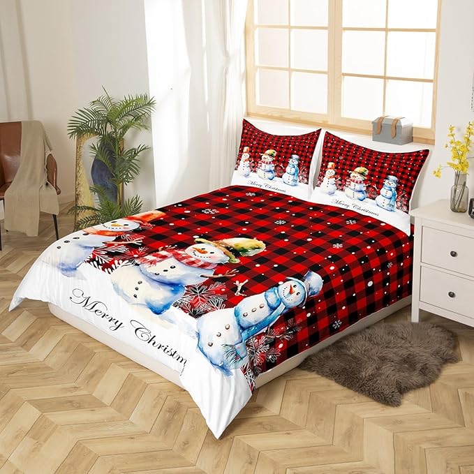Xmas Snowman Duvet Cover Set Twin Size, Christmas Bedding Set 2pcs for Kids Boys Girls Bedroom Decor, Red Black Plaid Print Comforter Cover with 1 Pillowcase,Snowflake Print Quilt Cover,No Comforter