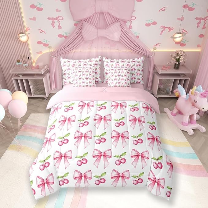7 Pieces Pink Bowknot Kids Comforter Queen,Cherry Tropical Fruit Cartoon Bedding Set,Bow Tie Butterfly Knot Princess Dreamy Fashion（Comforter+Fitted+Flat Sheet+2 Pillowcases+2 Throw Pillow Covers）