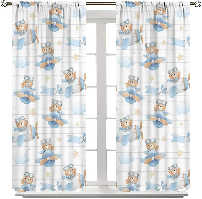 Cartoon Bear Curtains, Lovely Bear Adventure Airplane Blue White Stripe Blackout Window Treatments, Rod Pocket Thermal Insulated Drapes 2 Panel Sets for Kids Bedroom Nursery Classroom, 63"W X 63"L