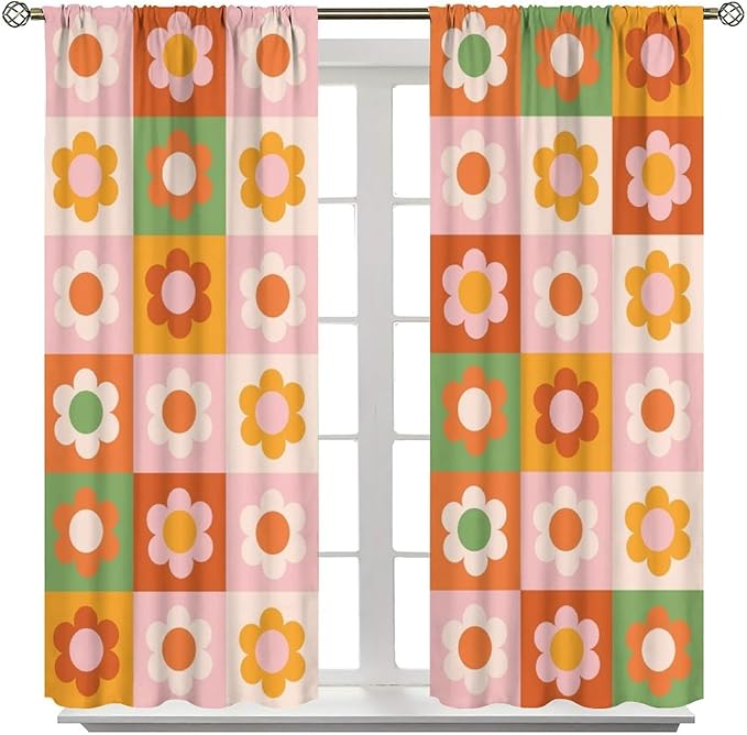 70s Flowers Curtains,Vintage Cute Colorful Abstract Floral for Girls Kids Bedroom Bathroom Curtains Window,Trendy Groovy Funky Novelty Home Window Treatments Drapes 42"" W X 63"" L, Style-5