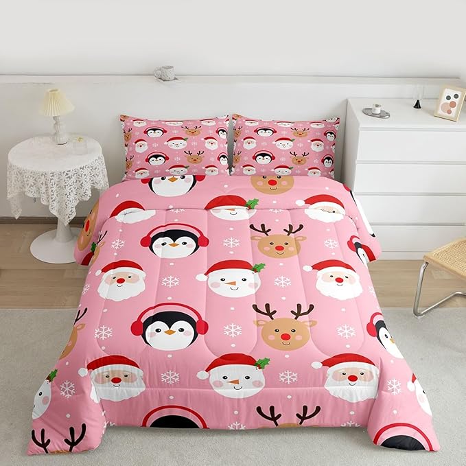 Feelyou Pink Christmas Comforter Set Full Size Santa Claus Bedding Set for Kids Boys Girls Deer Penguin Duvet Quilt Snowman Bedroom Decor Microfiber 3 Pcs with 2 Pillow Cases