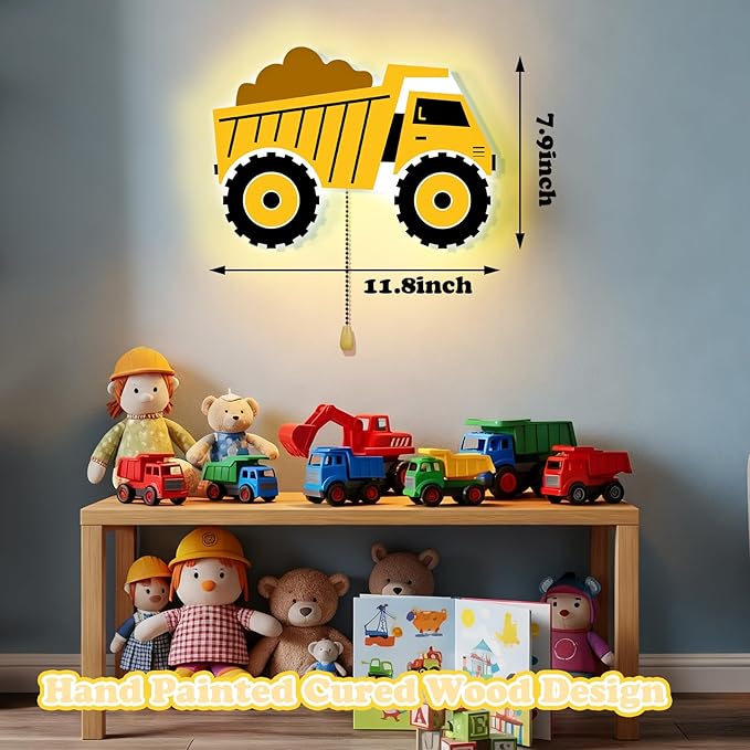 Construction Themed Night Light Wall Lamp Sleeping Nursery Lighting Cute Floating Battery Operated Hanging Lamp for Baby Boys Girls Bedroom Room Nursery Wall Decorations