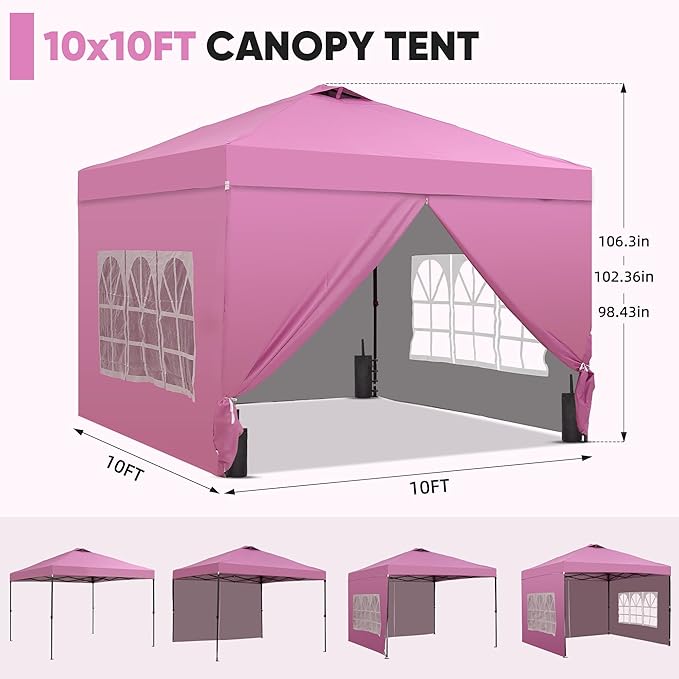 GDY 10x10 Pop Up Canopy Tent with 4 Sidewalls, Easy Set up with One Push Lift Outdoor Silver Coated Beach Gazebos, Carpas with 4 Sandbags, for Pool, Events, Parties, and Camping, Pink.