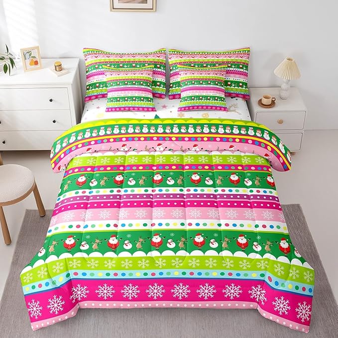 Feelyou Christmas Bed Set Snowman Christmas Reindeer Print Comforter Set with Sheets Xmas Santa Claus Bed in a Bag for Kids Girls New Year Theme Bedding Set Bedding Queen Size