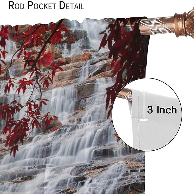 Waterfall Blackout Windows Curtains, Waterfall Red Forest Pattern Nature View Curtains, for Living Room Bedroom 63x63in 2 Panels