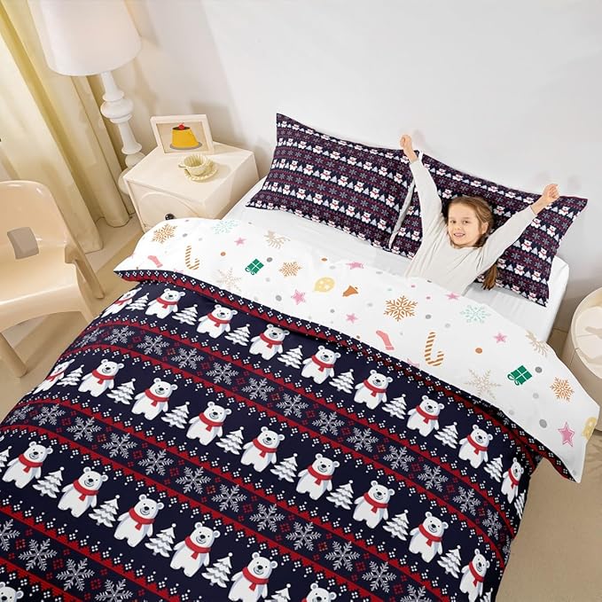 Christmas Bedding Set for Kids Boys Girls Polar Bear Christmas Tree Comforter Cover Set Exotic Ethnic Xmas Theme Duvet Cover Bedroom Decor Snowflake Bedspread Cover Queen Size Bedding Collection 3Pcs