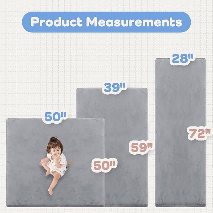 1.3" Thick Baby Floor Play Mat 39x59, Basic Padded Foam Mat for Tummy Time Crawling, Non Slip Cushioned for Babies Toddlers Infants Kids (Light Grey)