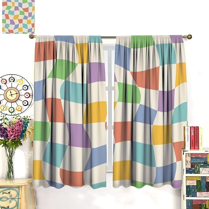 Checkered Curtains,70s Vintage Twisted Checkered Window Drapes Colorful Groovy Trendy Wavy Hippie Grid Print Window Treatments for Kids Girls Bedroom Living Room Bathroom 52" W X 84" L