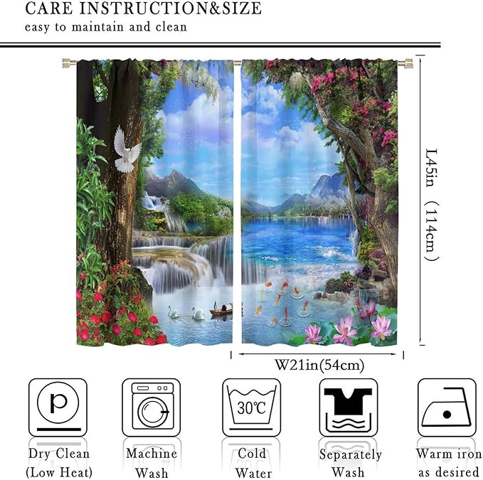 Spring Jungle Waterfall Blackout Window Curtains, Tropical Rainforest Floral Tree Waterfall Landscape Print Window Drapes, for Living Room Bedroom 42x45in 2 Panels