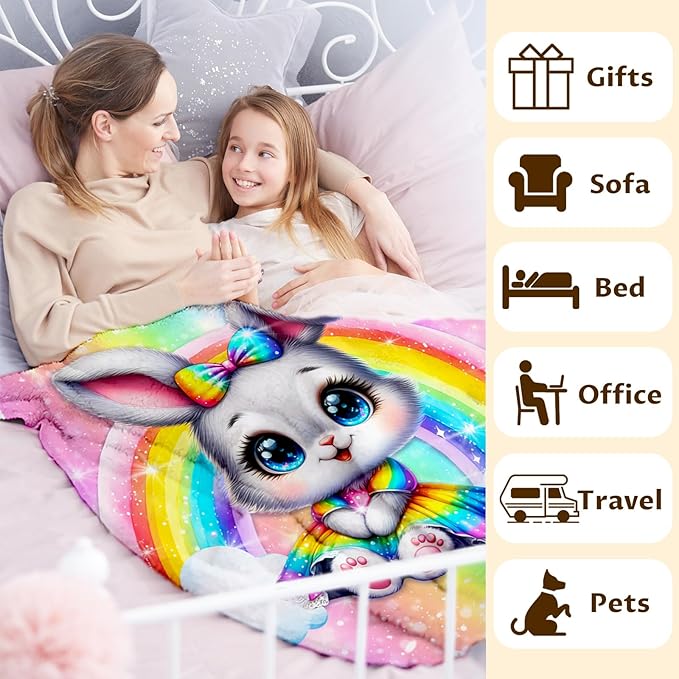 Girls Rabbit Blanket Gift, Throw for Toddler Kids Bunny Lovers - 40x50 Inches Soft Cozy Cute Rainbow Throw Blankets for Sofa Couch Living Room Bed