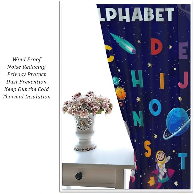 Alphabet Curtains Kids Outer Space Cartoon Universe Planet Educational Learning Curtain with Rod Pocket for Bedroom Nursery Decor Drapes Window Treatments 2 Panels Set 84" W X 84" L