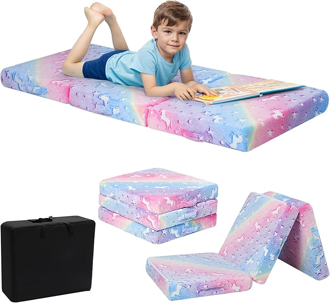 MeMoreCool Glow Rainbow Unicorn Foldable Floor Mattress for Kids, Trifold Nap Mat for Toddlers, Portable Daycare Sleeping Futon or Floor Bed, 75x25 Inch