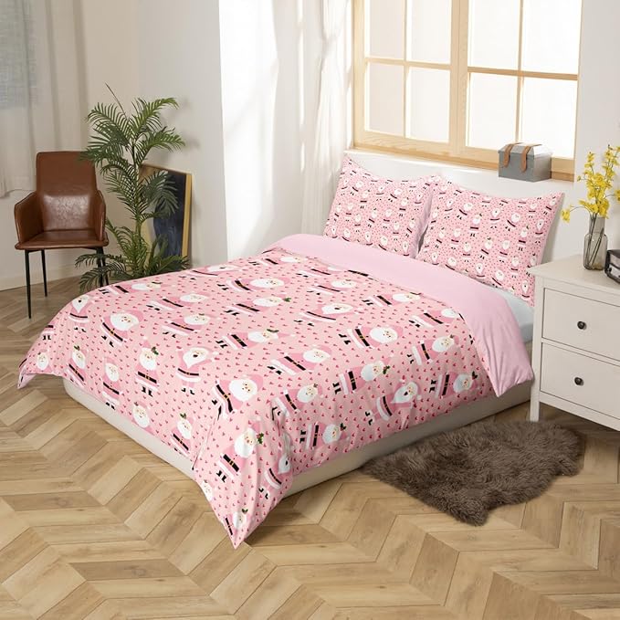 Feelyou Christmas Bedding Set for Kids Boys Girls Cute Santa Claus Comforter Cover Set Cartoon Xmas Theme Duvet Cover Bedroom Decor Pink Dreamy Heart Bedspread Cover King Size Bedding Collection 3Pcs