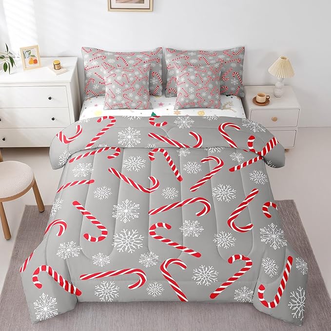 Erosebridal Xmas Candy Cane Twin Bedding Set 7 Piece,Merry Christmas Bed in A Bag for Kids Boys Girls,Winter Snowflake Comforter Set Grey Christmas Ornaments Sheet Set with Comforter