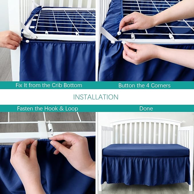 Biloban Crib Bed Skirt Navy 4 Sides Pleated Dust Ruffle Adjustable Fit Standard Crib Toddler Bed Skirts for Baby Boy or Baby Girl Crib Bedding, Navy Blue Crib Skirt Machine Wash