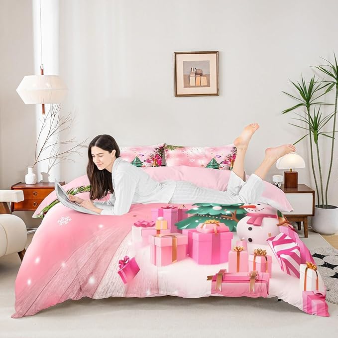 Christmas Bedding Set Kids Christmas Tree Snowman Xmas Theme Comforter Cover Set for Boys Girls Snowflake Duvet Cover Breathable Luxury Gift Boxes Bedspread Cover Room Decor Quilt Cover King Size