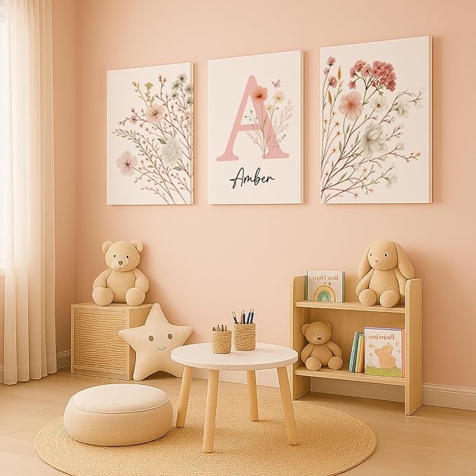 Personalized Girls Nursery Wall Art - Custom Name Pink Floral Butterfly Canvas Print 3pc Framed Wrapped Canvas for Bedroom Living Room Entryway Study Room Initial Wall Decor Baby Shower Birthday Easter Graduation New Year Valentine's Day Gift (40×60cm/...