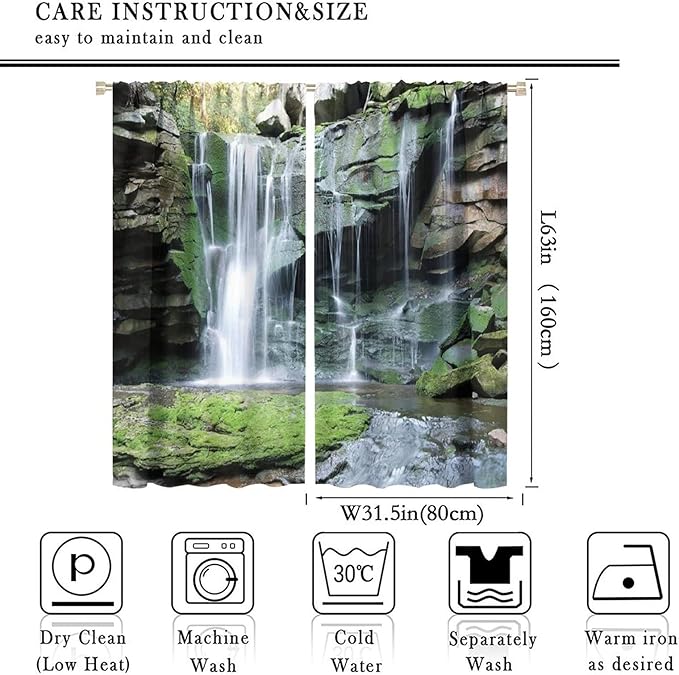 Forest Waterfall Blackout Windows Curtains, Rocky Waterfall to Pond Running Off Scenic Nature Themed Picture Print Curtains, for Living Room Bedroom 63x63in 2 Panels