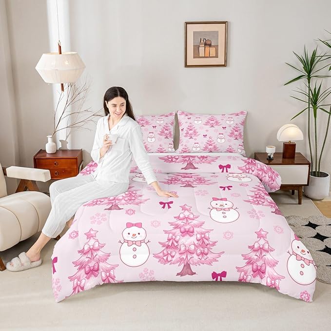 Feelyou Merry Christmas Bedding Set Soft for Boys Girls, Cute Snowman Comforter Set Toddler Size Cartoon Bowknot Duvet Quilt Microfiber Christmas Tree 2 Pcs with 1 Pillow Cases