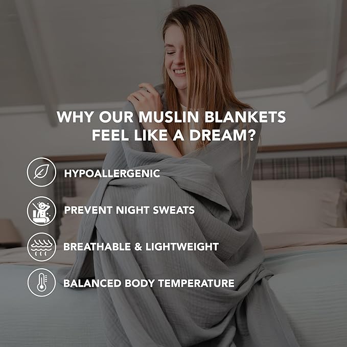 Goqan Muslin Blanket Queen 79x90 – 100% Cotton 4 Layer Boho Muslin Blanket for Adults, Lightweight, Soft, Breathable for Bed - Light Grey