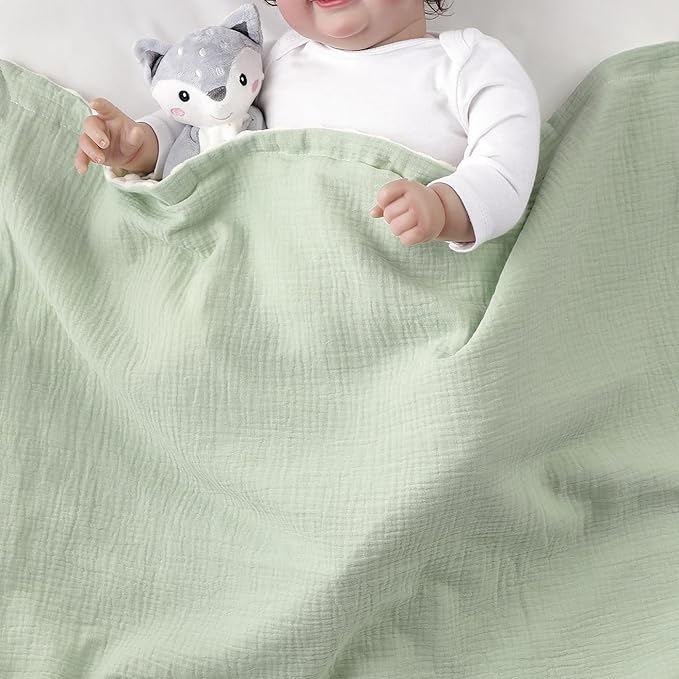 CREVENT 2Pcs 30''X40'' Cute Cozy Fluffy Warm Baby Blankets for Infants Toddlers' Bedding Crib Cot Stroller - Grey Cloud + Muslin Green