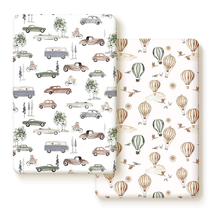 Pack n Play Sheets Fitted 2 Pack, Stretchy Ultra Soft Jersey Knit Pack and Play Sheets, Universal Fitted Portable/Mini Crib Mattresses Snug and Safe, Stylish Cars Print for Boys and Girls
