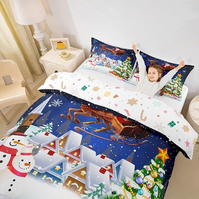 Manfei Christmas Duvet Cover Set Queen Size, Snowman Xmas Tree Santa Claus Bedding Set 3pcs, Reversible Winter Snow Cabin Holiday New Year Quilt Cover with Zipper Closure, 2 Pillowcases, No Comforter