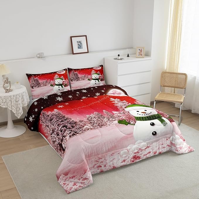 Feelyou Kids Merry Christmas Decorations Twin Size Comforter Set Xmas Snowman Bedding Set Red Quilt Set Soft Warm Lightweight Duvet Set